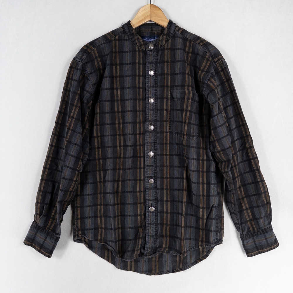 Wrangler Shirt Men Sz Medium Black Charcoal Plaid Silver Stamped Buttons Western